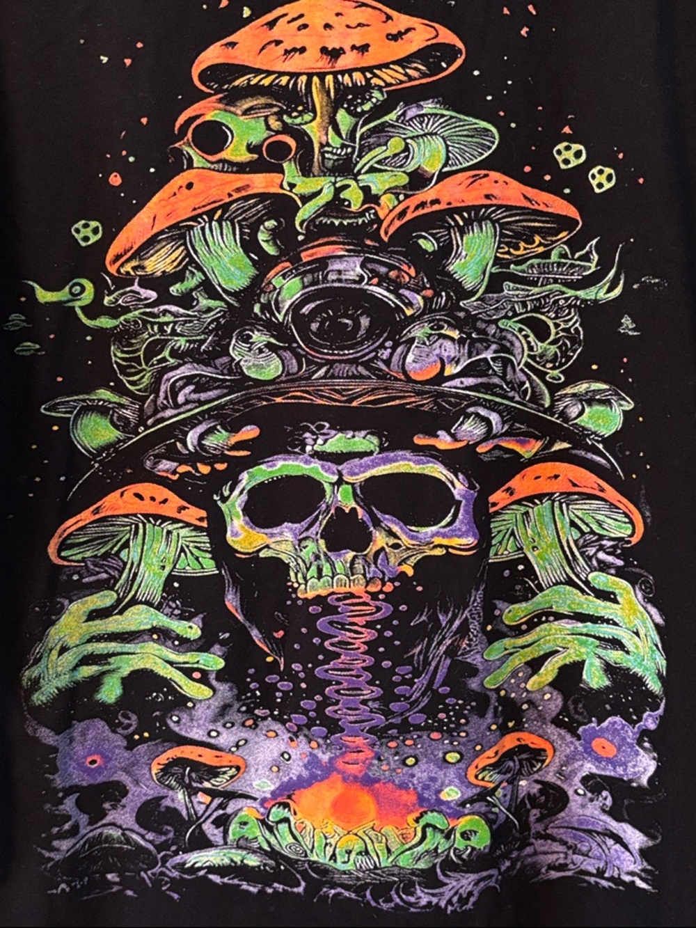Neon-coloured Psychedelic Surreal Skull Mushroom Print Tshirt ASR XXL (fits XL)
